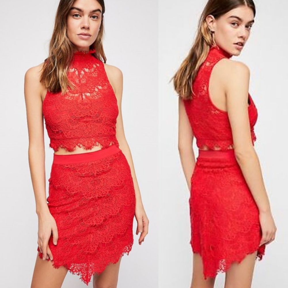 FREE PEOPLE SABINA GINGER RED LACE 2-PIECE MATCHING SET (SKIRT AND TOP)